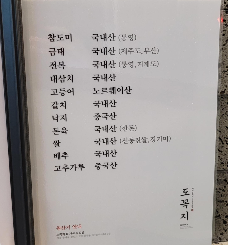 도꼭지 원산지 안내