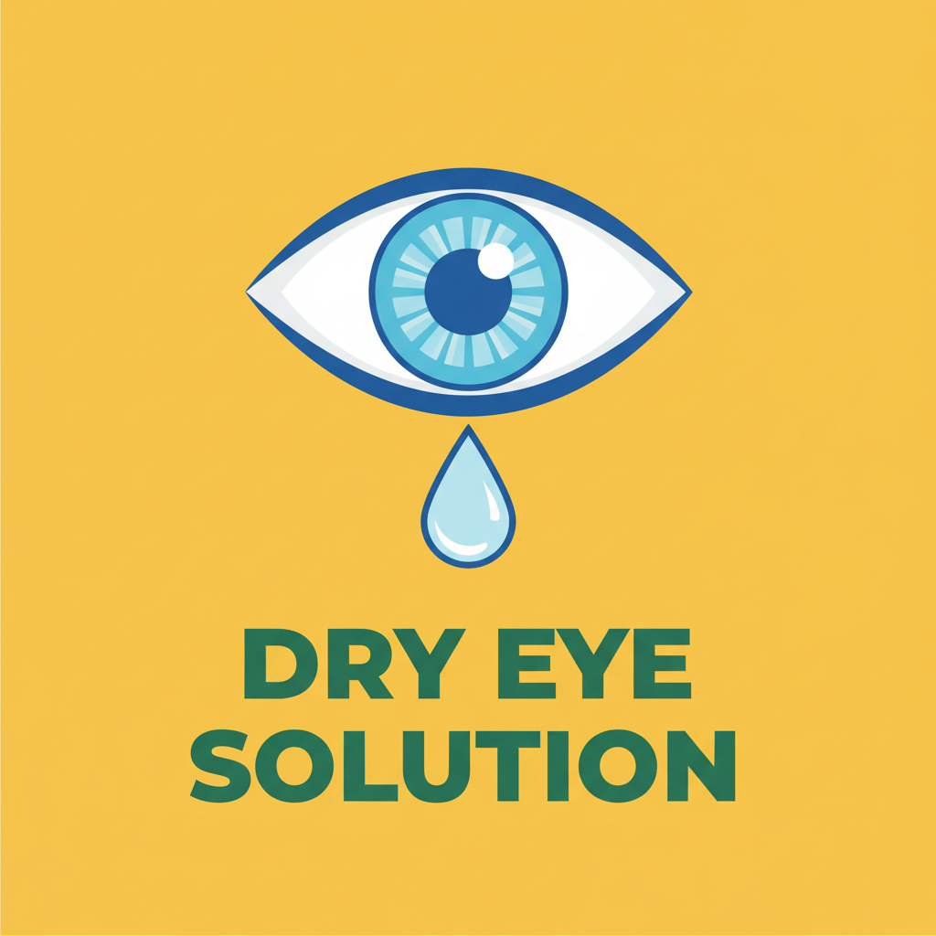 촉촉하고 건강한 눈을 상징하는 밝은 파란색과 흰색 톤의 눈 아이콘이 중앙에 크게 위치하고, 그 아래에는 'DRY EYE SOLUTION'이라는 굵고 선명한 영어 텍스트가 적혀 있습니다. 안구건조증 해결책을 나타내는 단순하고 깔끔한 디자인입니다.