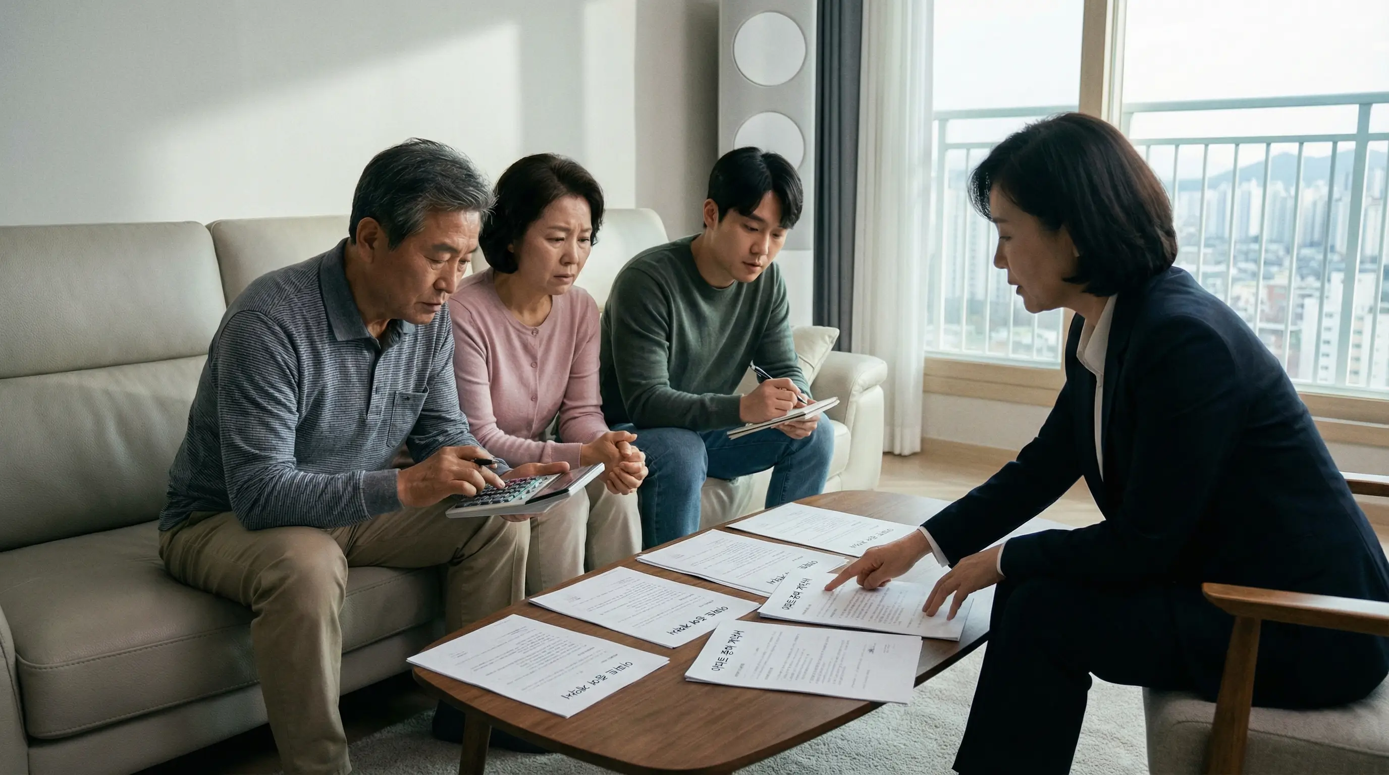 한국인 부모와 성인 자녀가 거실에서 아파트 증여 서류를 펼쳐놓고 세무사 설명을 들으며 계산기로 세금을 확인하는 진지한 모습