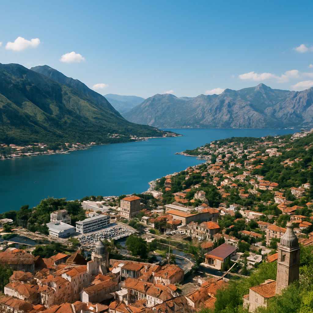 몬테네그로 코토르의 붉은 지붕과 푸른 바다가 어우러진 전경