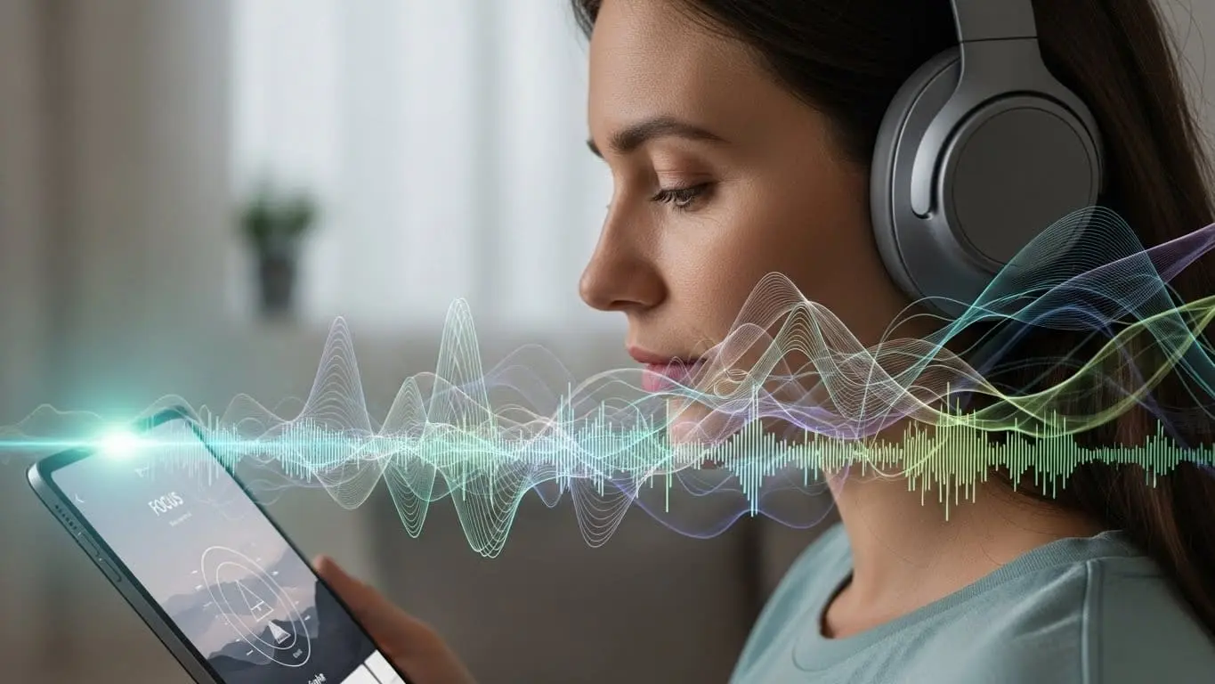 헤드폰을 착용한 사람이 평화로운 표정으로 명상하고 있으며, 주변에 다양한 주파수 패턴이 은은하게 흐르는 모습. 디지털 명상 앱 화면이 함께 보여 디지털 웰빙을 나타냄.