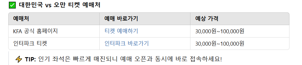 대한민국 vs 오만 티켓 예매처