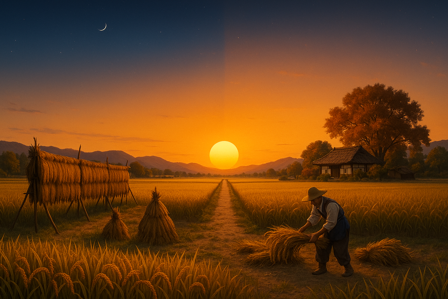 추분의 낮과 밤 균형을 보여주는 황금빛 가을 들판과 수확 풍경