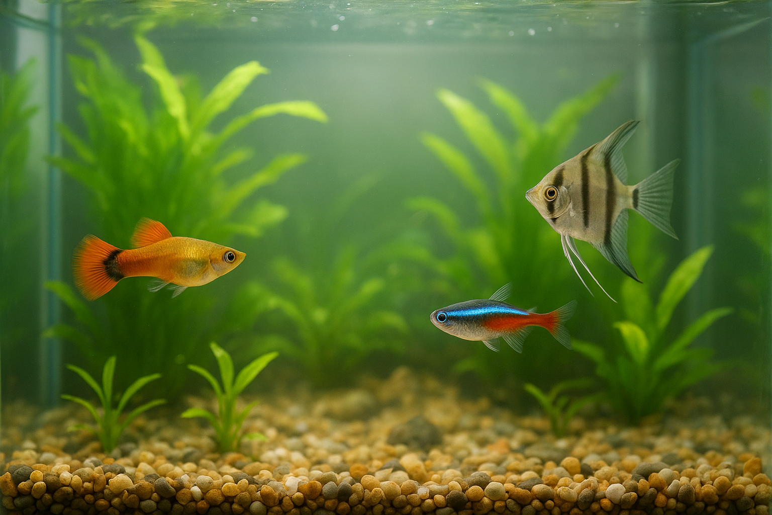 맑은 물 속에서 구피, 네온테트라, 엔젤피쉬가 수초와 자갈 사이를 헤엄치는 깨끗한 가정용 열대어 수조 실제 사진