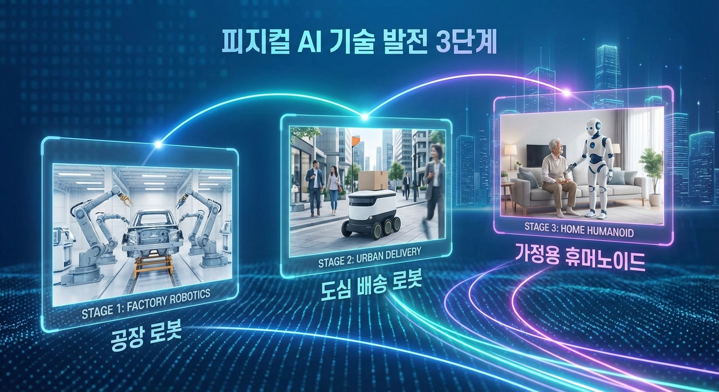 단순 자동화 로봇에서 복합 환경 적응을 거쳐 완전 자율 협업 로봇으로 진화하는 피지컬 AI 3단계 발전 로드맵 인포그래픽