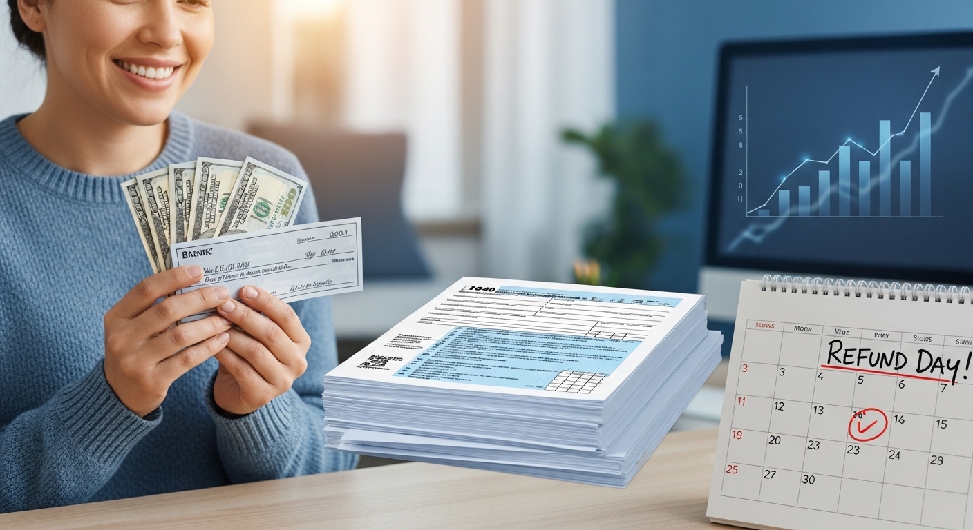2026년 연말정산 환급금을 받고 미소 짓는 사람과 세금 서류, 스마트폰이 놓인 모습.