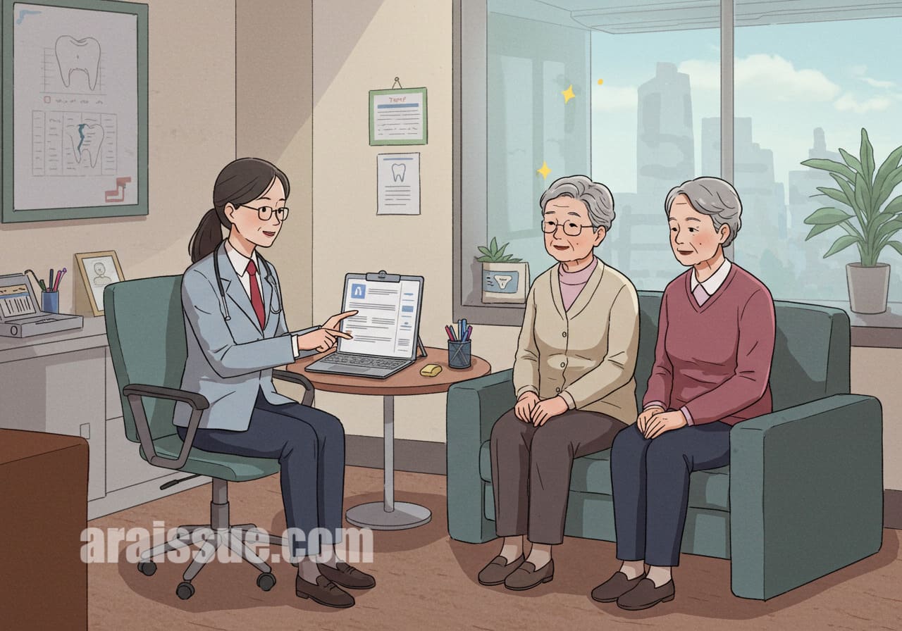 치과 보험 혜택을 신청하는 한국인 부부와 상담 중인 모습.
