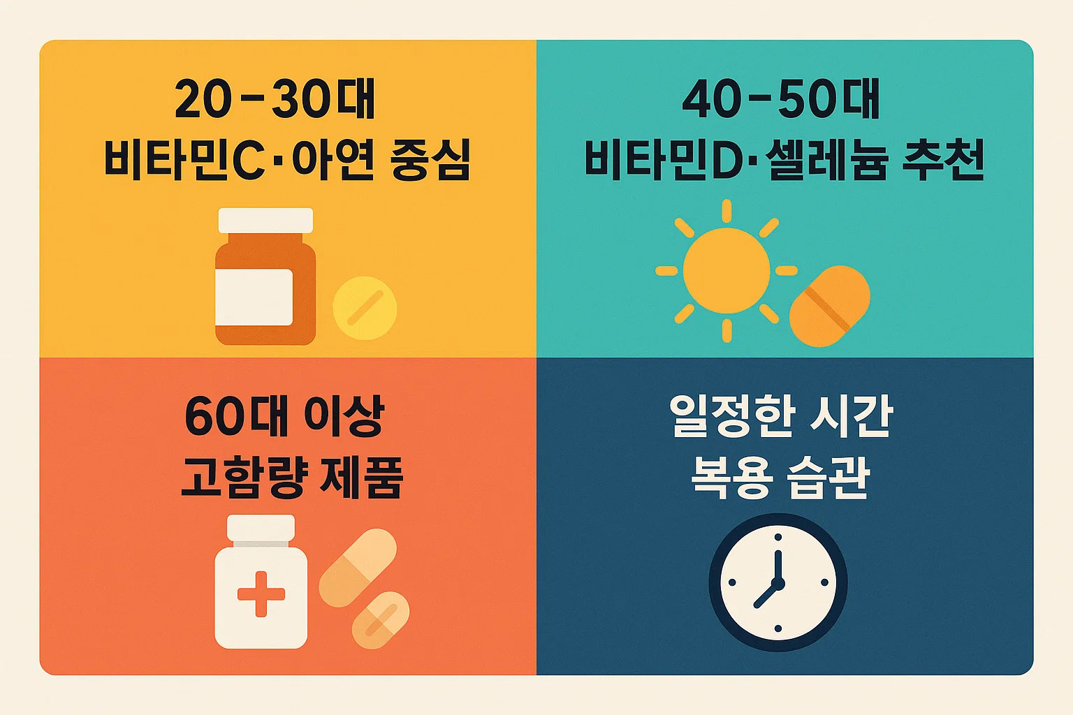 20~60대 연령대별로 필요한 비타민과 미네랄 종류, 복용 습관을 제시해 맞춤형 면역력 향상을 돕는 영양제 추천 인포그래픽입니다.