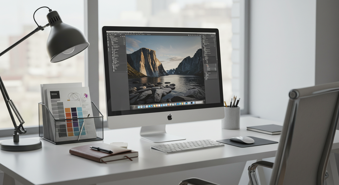 작업중인 데스크탑이 가운데에 놓여져있는 사무실 풍경