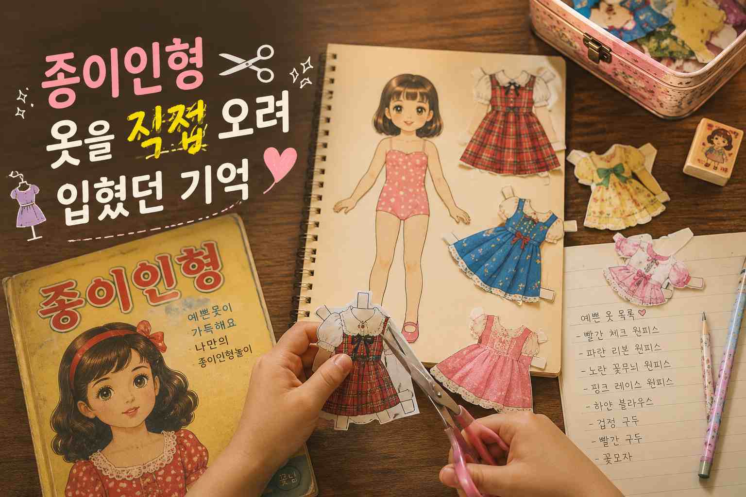 종이인형과 여러 벌의 종이옷을 가위로 오리는 장면과 제목 문구가 함께 있는 이미지