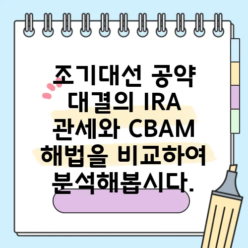 조기대선 공약 대결의 IRA 관세와 CBAM 해법을 비교하여 분석해봅시다.