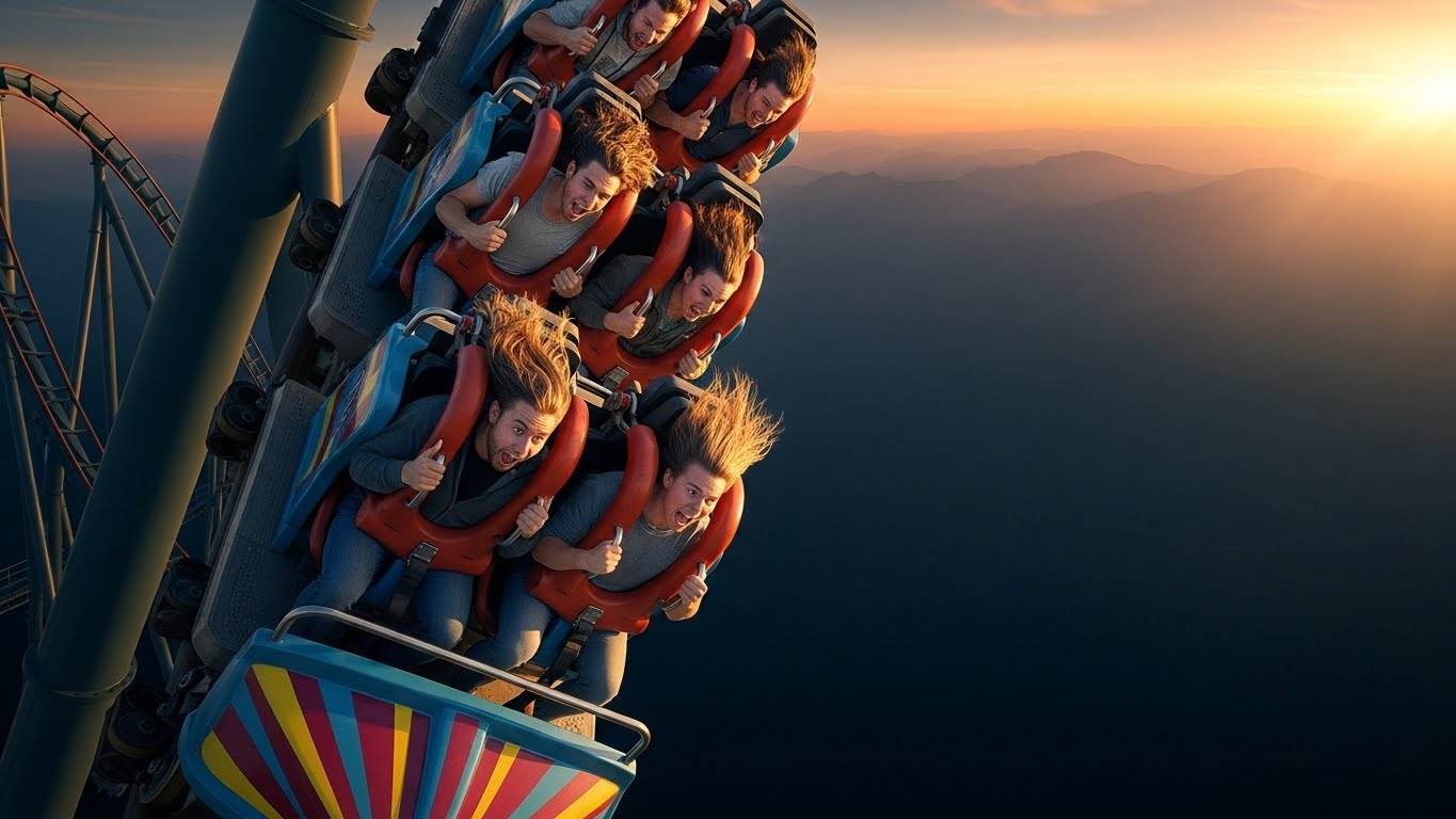 A roller coaster rail dropping vertically. People inside the train look terrified, and below the rail is an endless darkness.