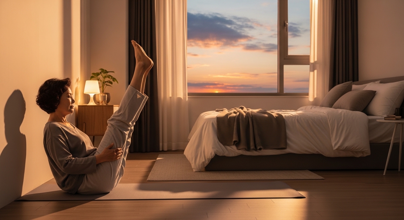 노년층 한국인이 현대적인 침실에서 편안하게 요가 또는 명상하는 모습.