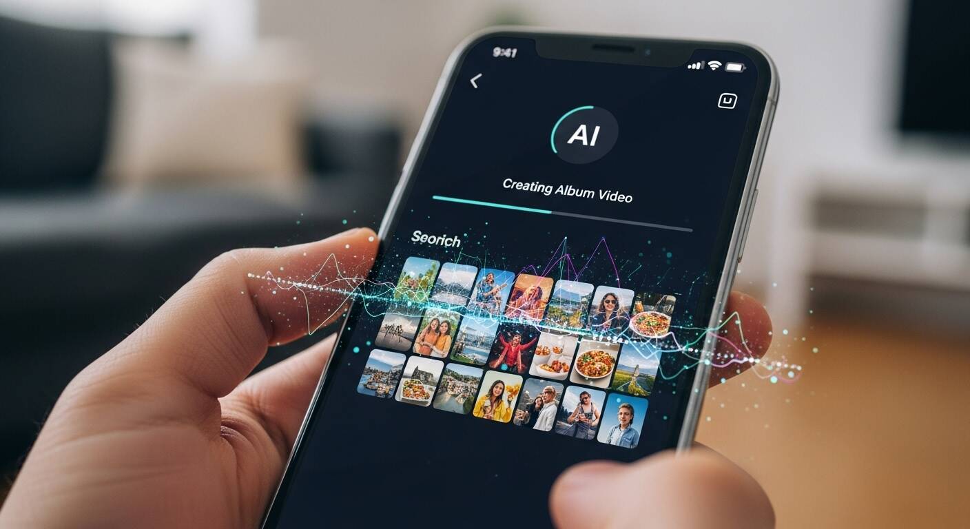 AI 앱에서 사진을 검색하고 앨범 영상을 만드는 장면
