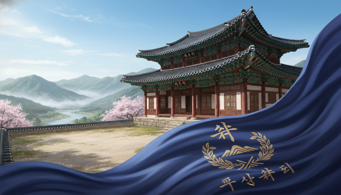 한국의 전통 가옥 한옥과 함께 평산 신씨 가문의 고귀함을 상징하는 예술적인 이미지