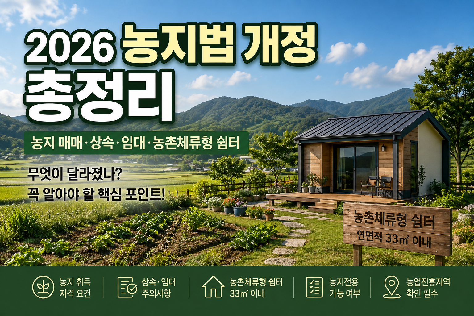 2026년 농지법 개정 및 농촌체류형 쉼터 농막 비교 인포그래픽