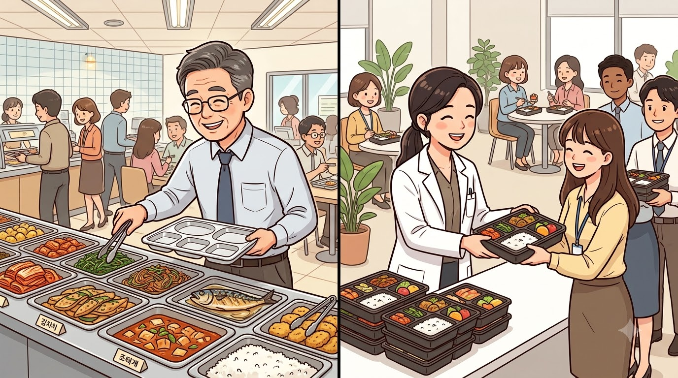 왼쪽은 뷔페 식판에 직접 반찬을 고르는 직장인, 오른쪽은 영양사가 나눠주는 단체 도시락