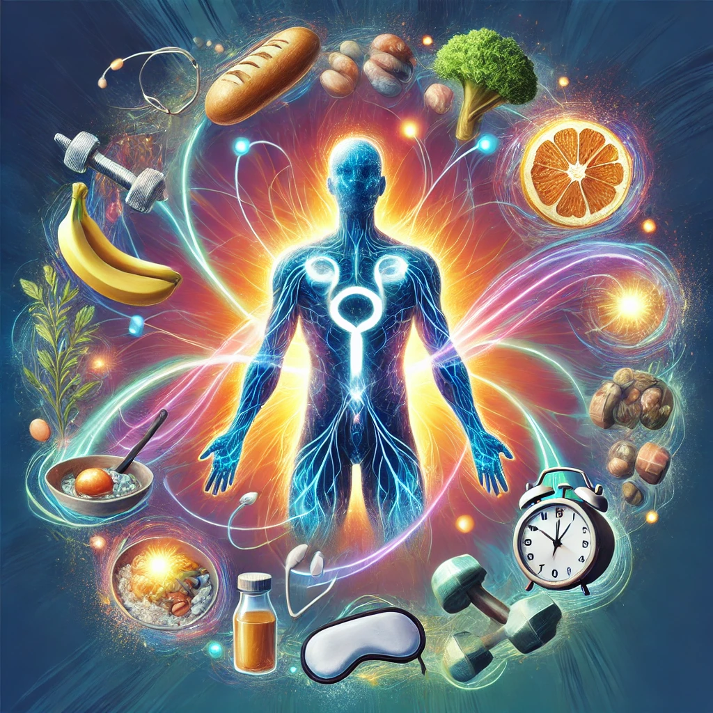 인체 내 호르몬 분자를 상징하는 유동적인 빛의 흐름, 그 주변을 둘러싼 식사, 운동 기구, 수면용 안대 등이 둥글게 배치된 일러스트