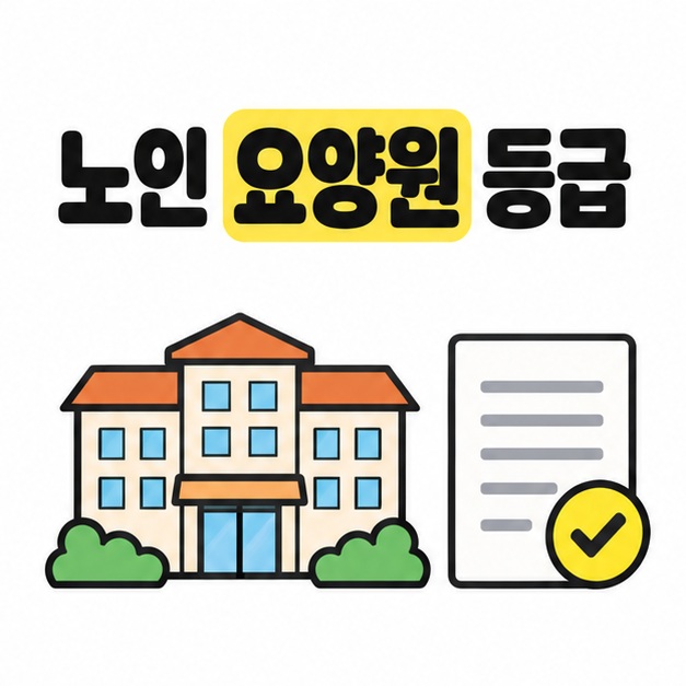 노인 요양원 등급 제목 아래 요양시설 건물과 확인 표시가 있는 인정서를 배치한 대표 이미지
