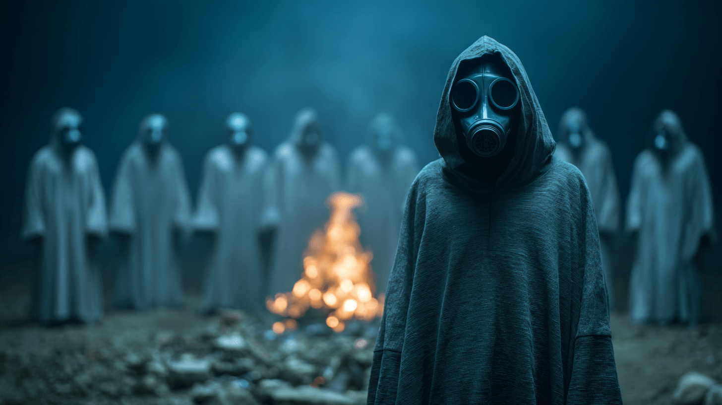 방독면을-쓴-사람들이-카메라를-바라보고-있는-이미지