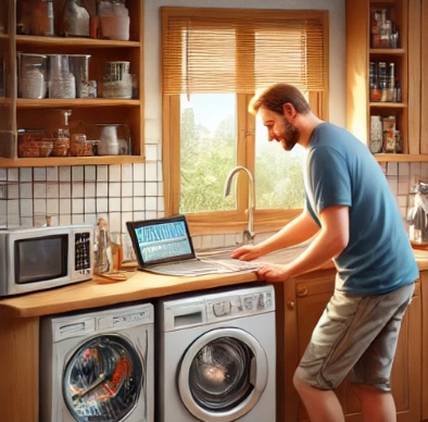 세탁기위에있는 노트북을 사용하는 남자 모습