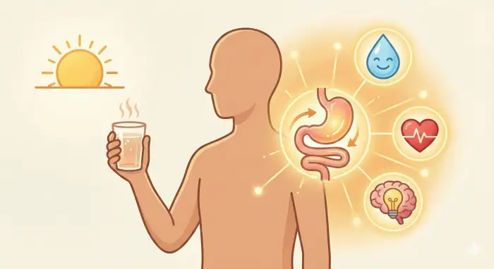 떠오르는 태양을 배경으로 따뜻한 물이 담긴 유리잔을 든 사람 실루엣 옆으로, 위장(소화), 물방울(수분 공급), 심장(혈액 순환), 전구가 켜진 뇌(인지 기능) 아이콘들이 황금빛으로 빛나며 서로 연결된 인포그래픽 일러스트.