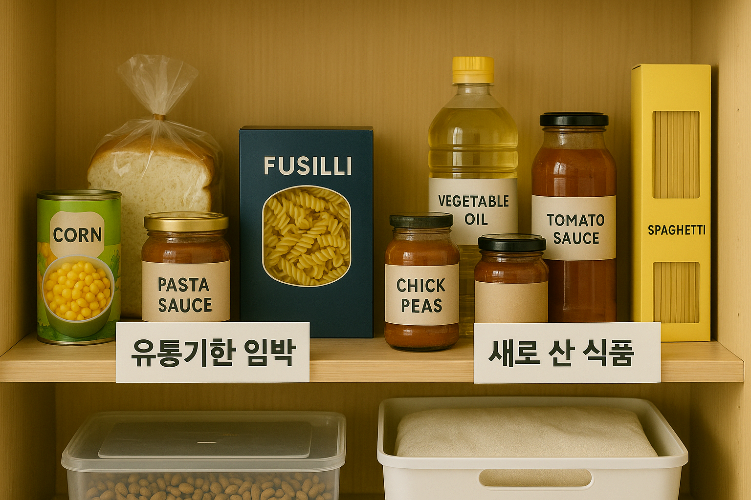 FIFO 원칙으로 앞쪽에 오래된 식품, 뒤쪽에 새 식품이 정리된 팬트리