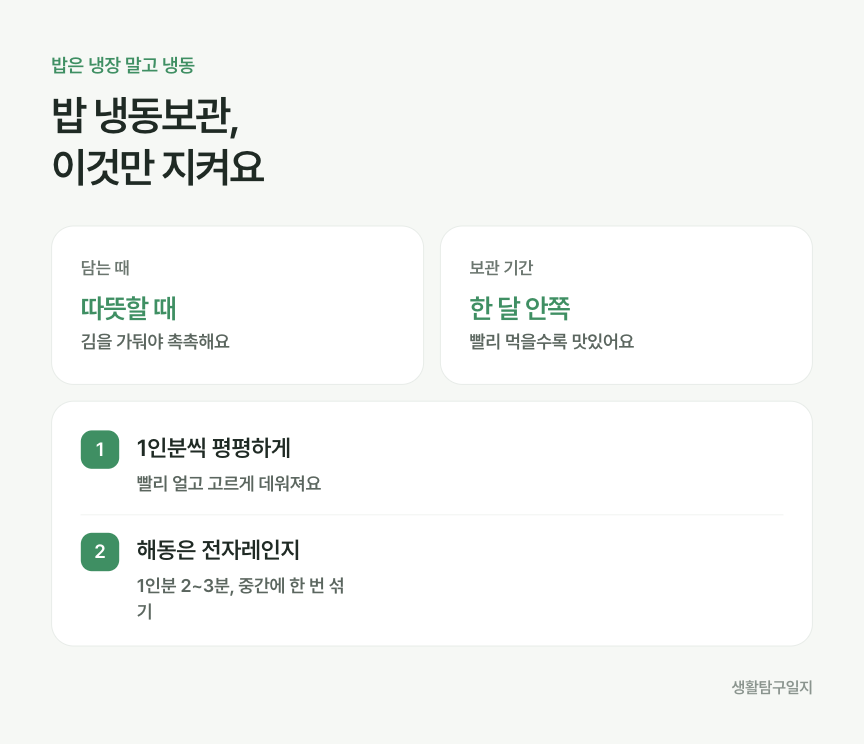 밥 냉동보관 방법과 해동 시간 인포그래픽