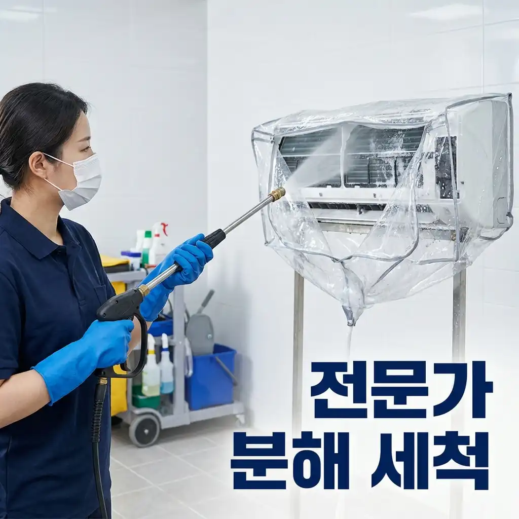 전문 청소 업체 기사님이 벽걸이 에어컨을 완전 분해한 뒤 전용 보양 가드를 씌우고 고압 세척기로 청소하는 모습입니다.