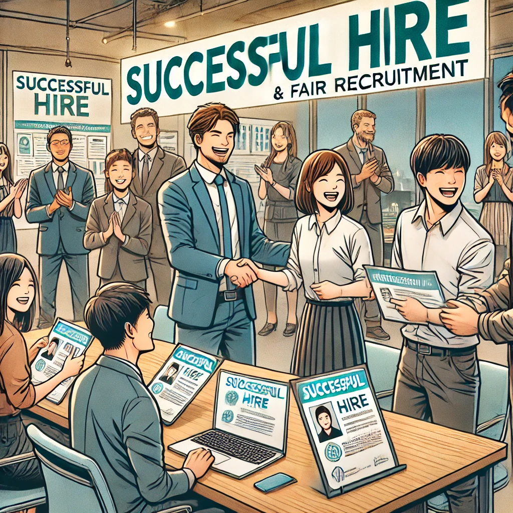 공정채용제도-성공적으로 채용된 직원과 인사 담당자가 함께 기뻐하는 모습