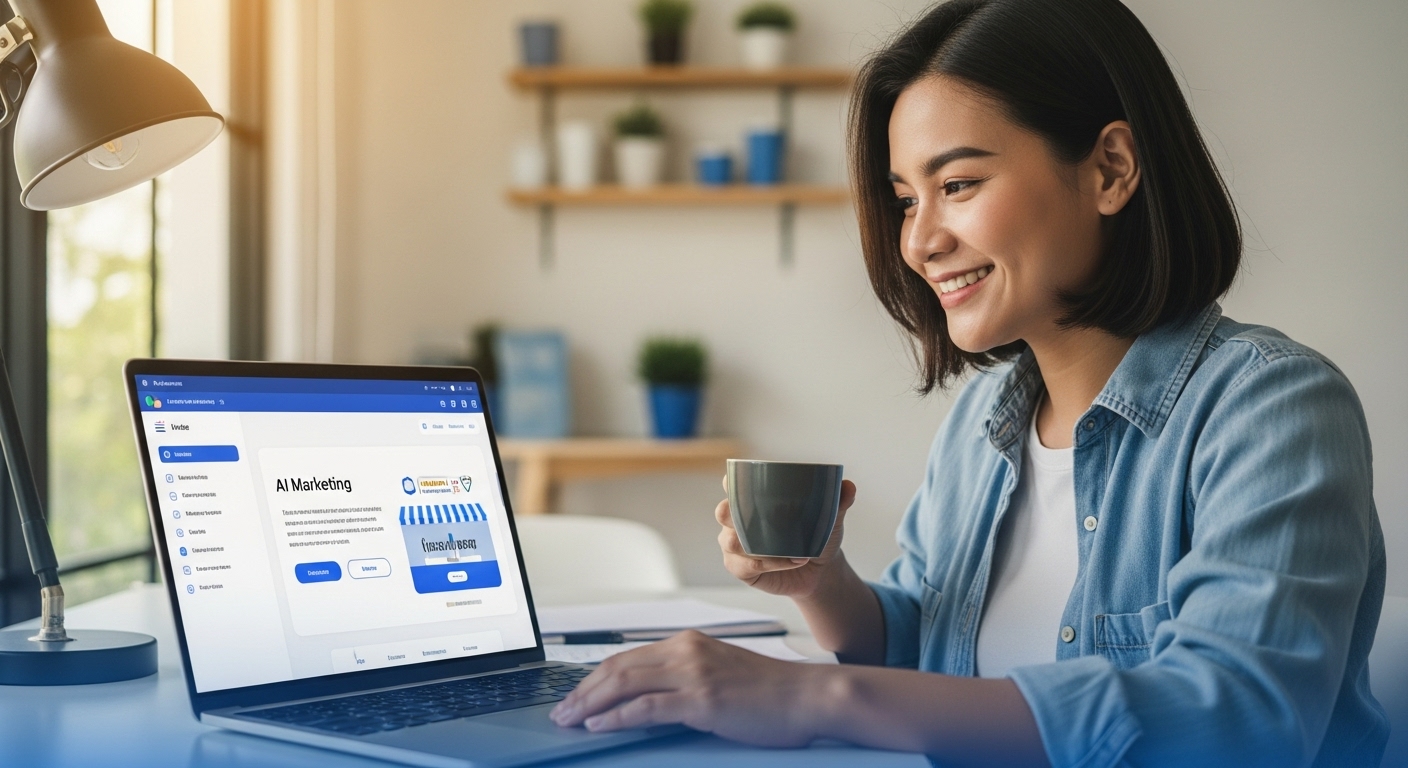 노트북으로 AI 마케팅 툴을 활용하여 이커머스 스토어를 효율적으로 운영하는 소규모 사업가.