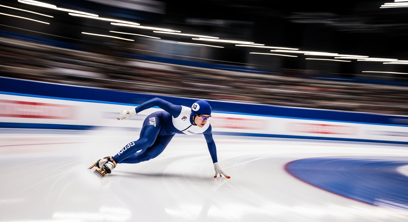 쇼트트랙 스케이트 선수가 얼음 위에서 곡선 주로를 질주하는 역동적인 모습