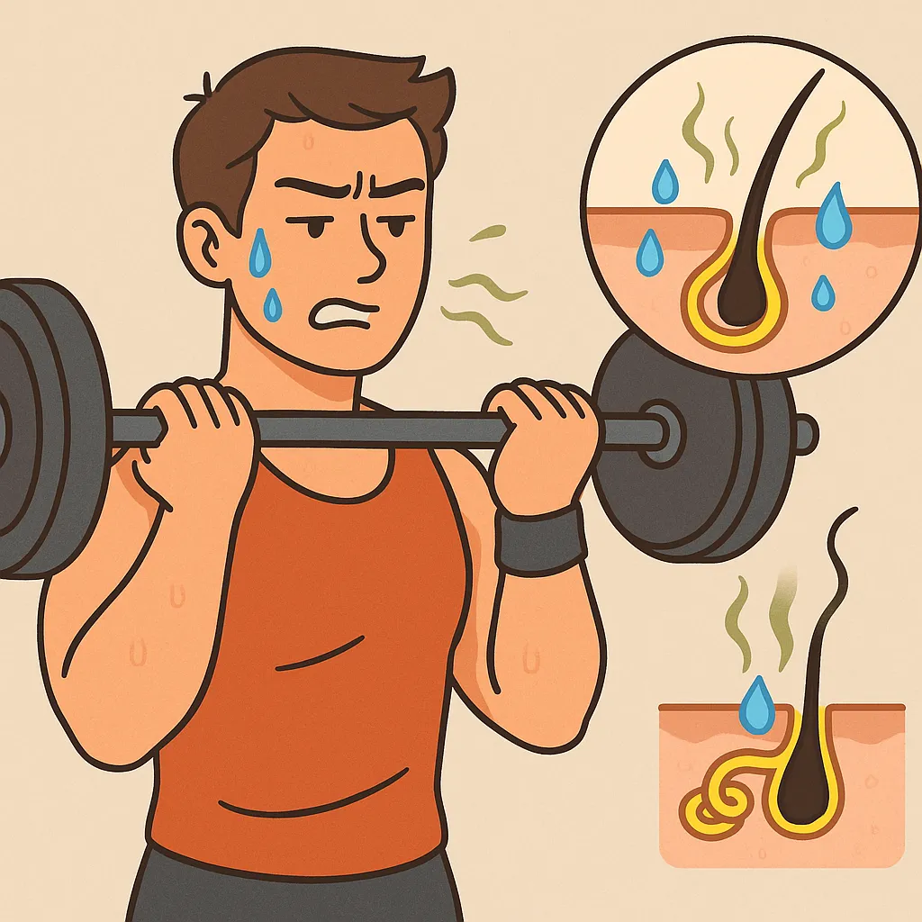 운동-중에-땀-분비와-피지선의-작용으로-냄새가-진해지는-과정을-시각적으로-표현한-이미지