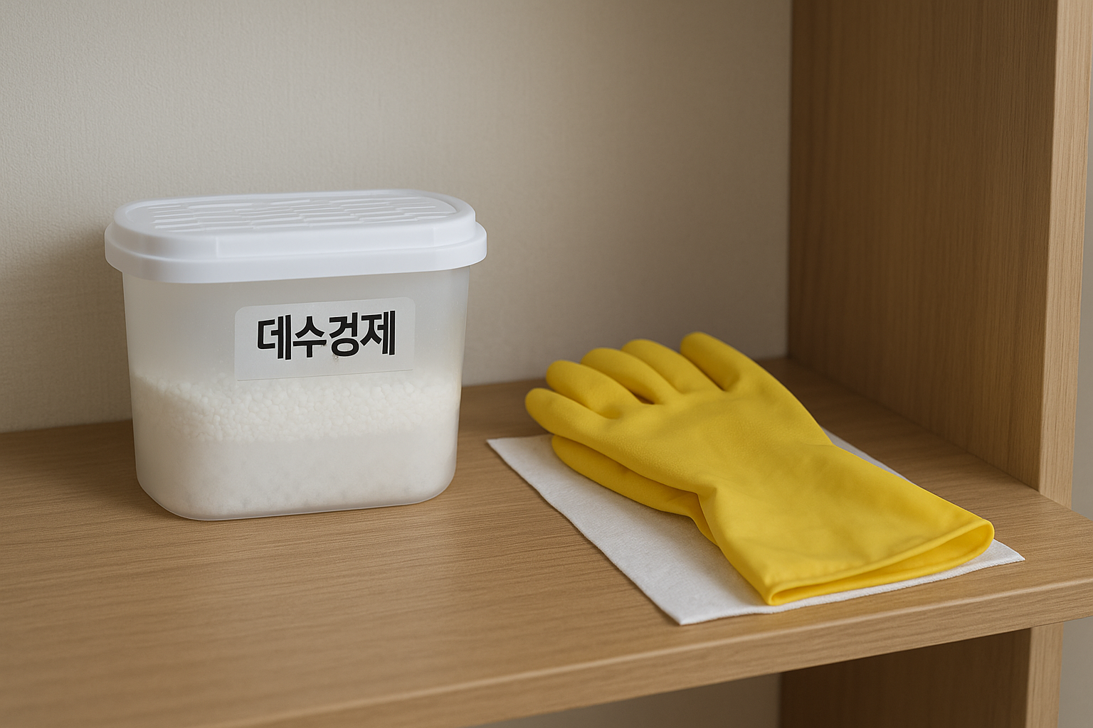 옷장 선반 위에 제습제와 고무장갑, 흡수시트를 안전하게 배치한 모습