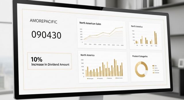 2026년 아모레퍼시픽 배당금 증액 및 실적 개선 지표를 보여주는 금융 대시보드 그래픽