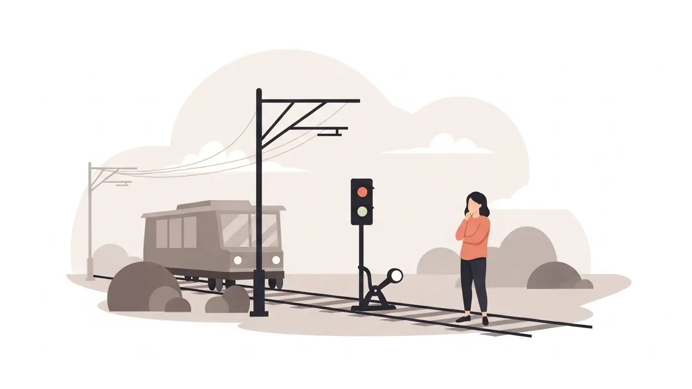An illustration showing the trolley problem as a reflective thought experiment rather than a moral test, emphasizing judgment over right answers