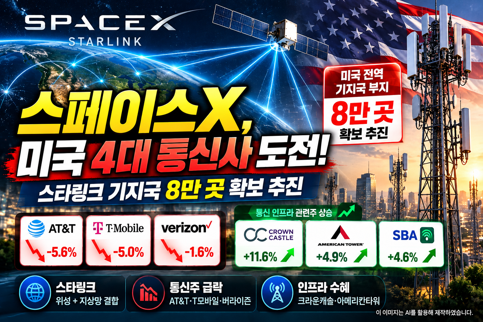 2026년 10월 스페이스X의 미국 이동통신시장 진출 추진과 스타링크 기지국 8만 곳 확보 협의, AT&amp;T&middot;T모바일 주가 하락 및 통신 인프라 관련주 영향을 나타낸 이미지