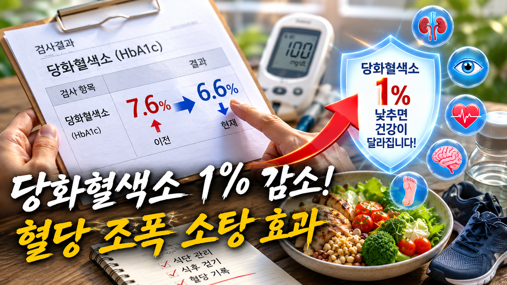 당화혈색소 1% 감소로 혈당 관리와 합병증 위험 감소를 상징하는 혈당 측정기와 건강한 생활습관 이미지