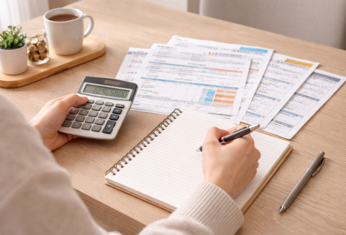 2026 차상위계층 혜택 변화 생활비 계산 장면, 공과금 고지서와 계산기 사용 모습