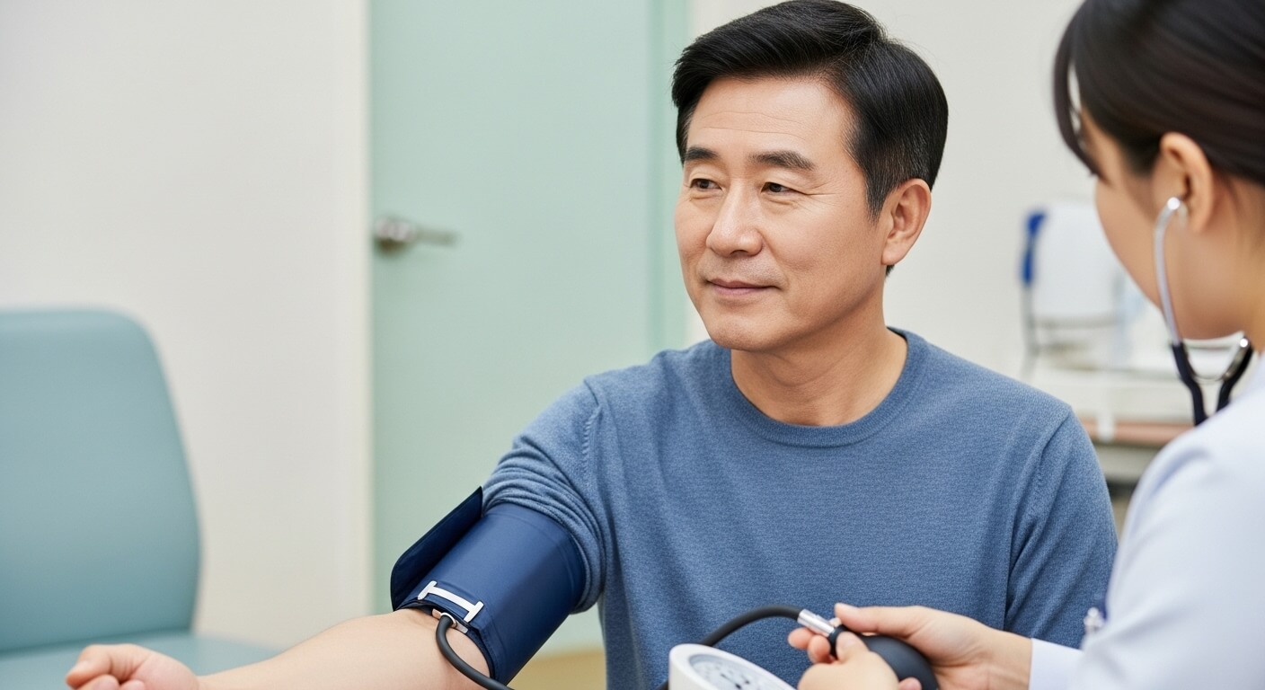 중년 남성이 병원에서 혈압 측정을 받으며 진료를 보는 장면
