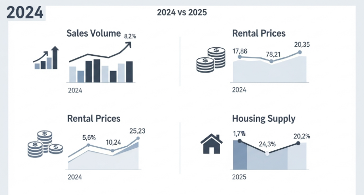 2024년과 2025년 부동산 시장 지표(매매가, 전세가, 거래량 등)를 비교하는 깔끔한 인포그래픽