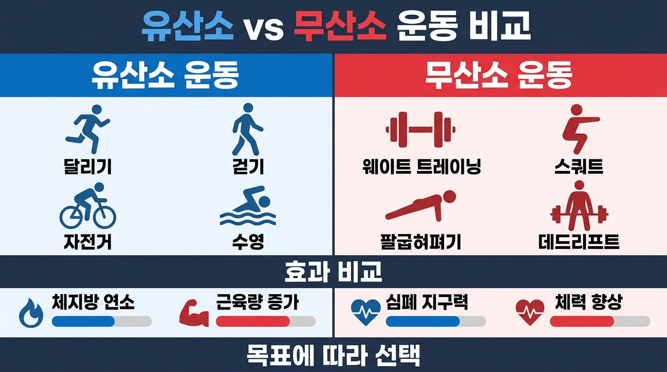 유산소 운동과 무산소 운동의 종류와 효과를 비교한 건강 운동 인포그래픽