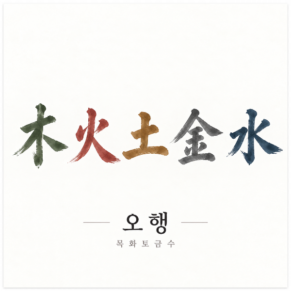 목화토금수 다섯 오행을 색상별 붓글씨로 표현한 구성