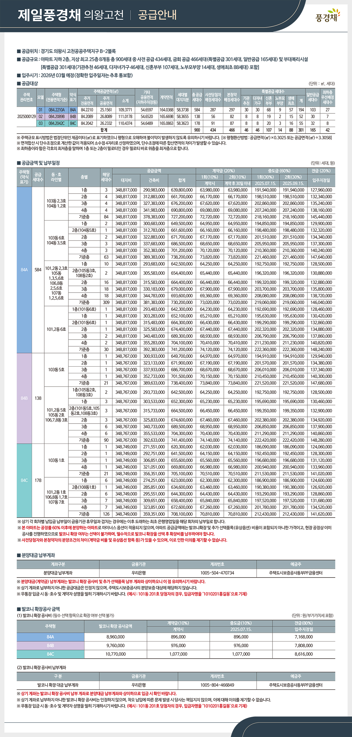 타입 및 분양가격 (출처 : 제일풍경채 의왕고천 홈페이지)