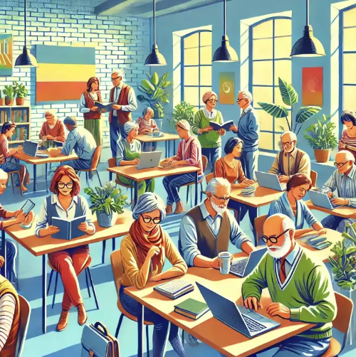 다양한 연령과 배경의 성인들이 노트북, 책, 태블릿을 활용해 작은 그룹으로 토론하고 있는 학습 장면. 현대적이고 환영하는 분위기의 교실에서 강사가 토론을 이끌며 평생 교육의 중요성을 강조하고 있으며, 큰 창문과 실내 식물, 동기 부여 포스터가 따뜻한 학습 환경을 조성합니다.