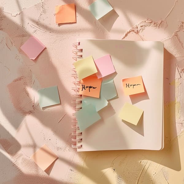 감성 키워드가 적힌 메모가 펼쳐진 블로그 프롬프트 시각화 이미지