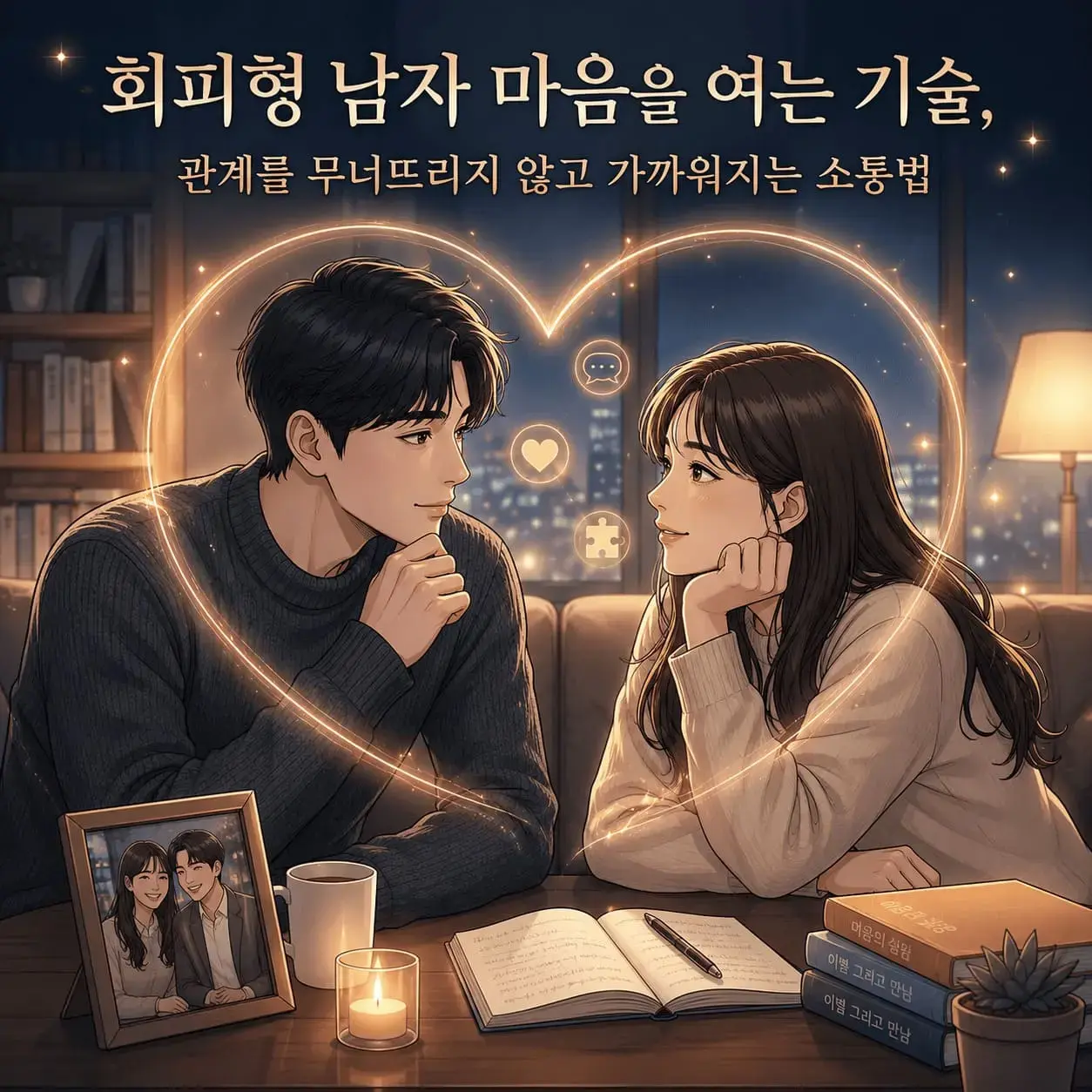 서로 마주보며 편안하게 대화하는 남녀가 회피형 남자 소통법(Avoidant Man Communication)의 안정감과 연결감을 보여준다