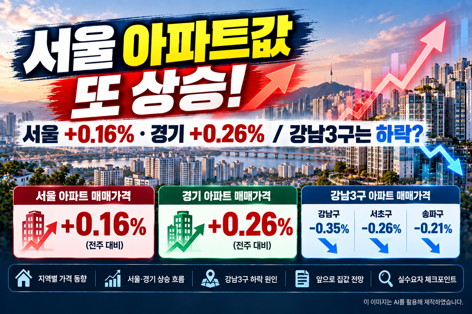 2026년 10월 둘째 주 서울 아파트 매매가격 0.16% 상승과 경기 0.26% 상승, 강남3구 하락 및 중랑구&middot;성북구 등 주요 지역의 가격 동향과 향후 부동산 시장 전망을 정리한 대표 이미지.