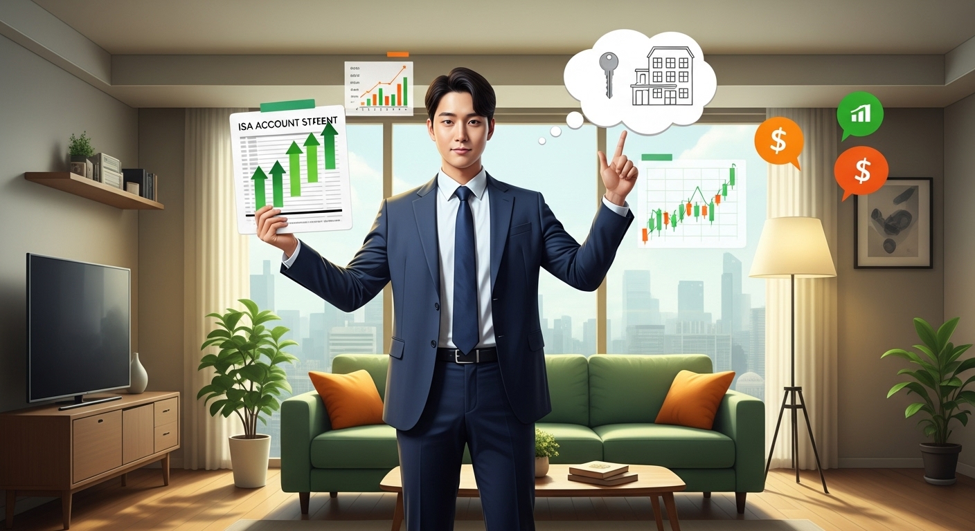 2025년 사회초년생이 ISA 계좌로 전세 보증금을 마련하는 꿈을 꾸는 모습, 녹색과 주황색 테마의 밝고 희망찬 분위기.