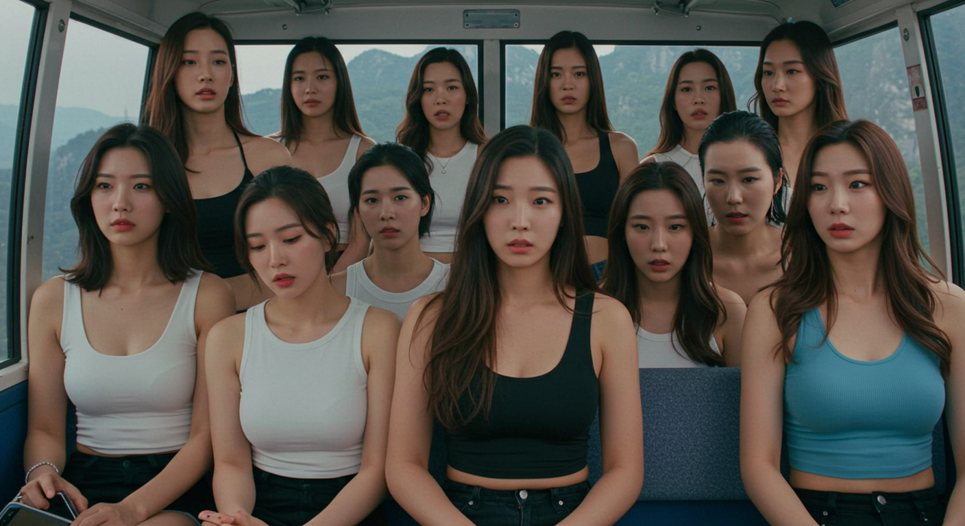 케이블카 안에서 불안해하는 여성들